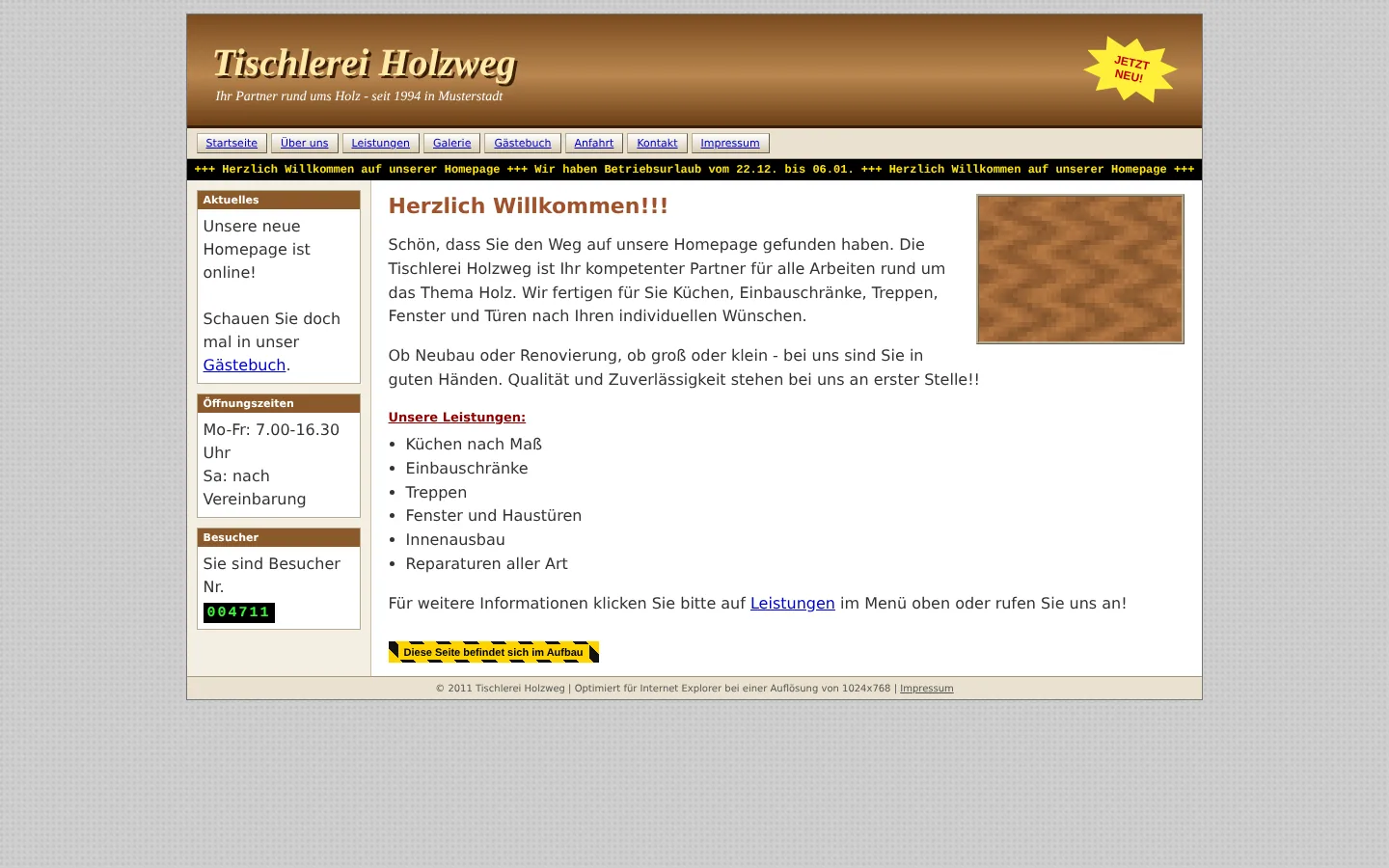 Vorher: veraltete Website eines Beispielbetriebs mit Lauftext, Besucherzähler und kleiner Schrift